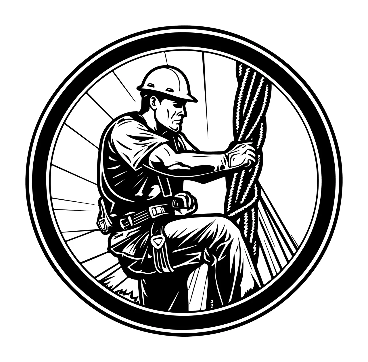 Worker Climbing Rope In Circular Frame harness helmet circle
