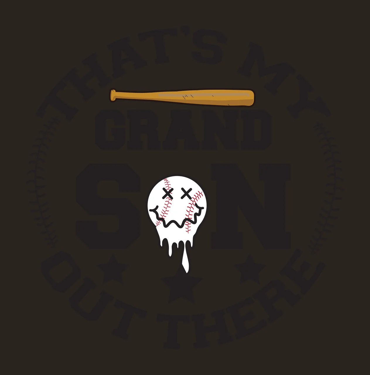 THAT'S MY GRAND SON OUT THERE baseball typography Design with baseball bat, melting baseball face, stars and baseball seams in black, brown and white contrast preview thumbnail