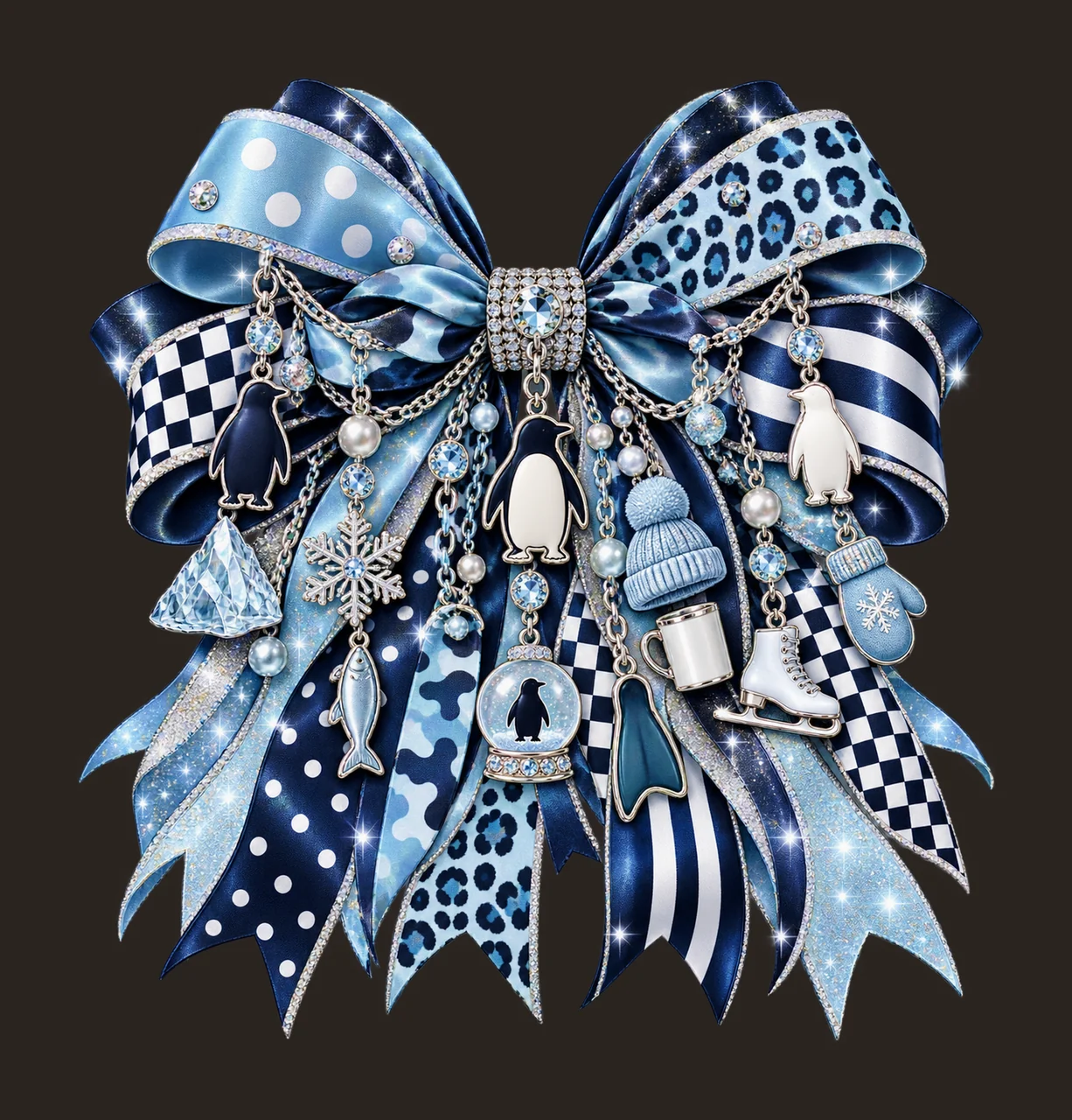 Penguin Lover Bow Charm PNG, Featureless Penguin Iceberg Fish and Snowflake Charms, Winter Animal Sublimation Design contrast preview thumbnail