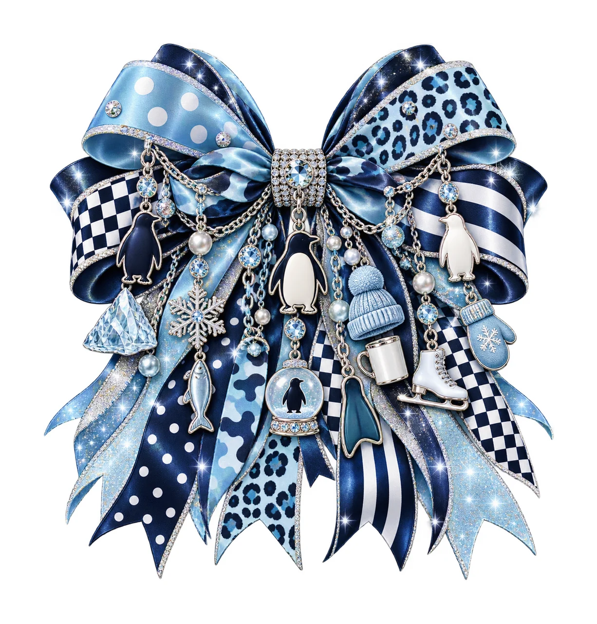 Penguin Lover Bow Charm PNG, Featureless Penguin Iceberg Fish and Snowflake Charms, Winter Animal Sublimation Design
