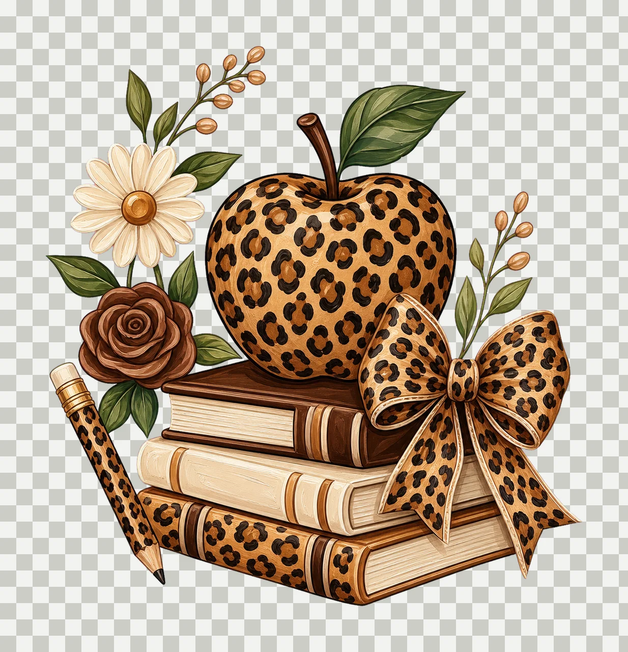 Leopard Teacher Apple School Supplies Variation A transparency and detail preview thumbnail