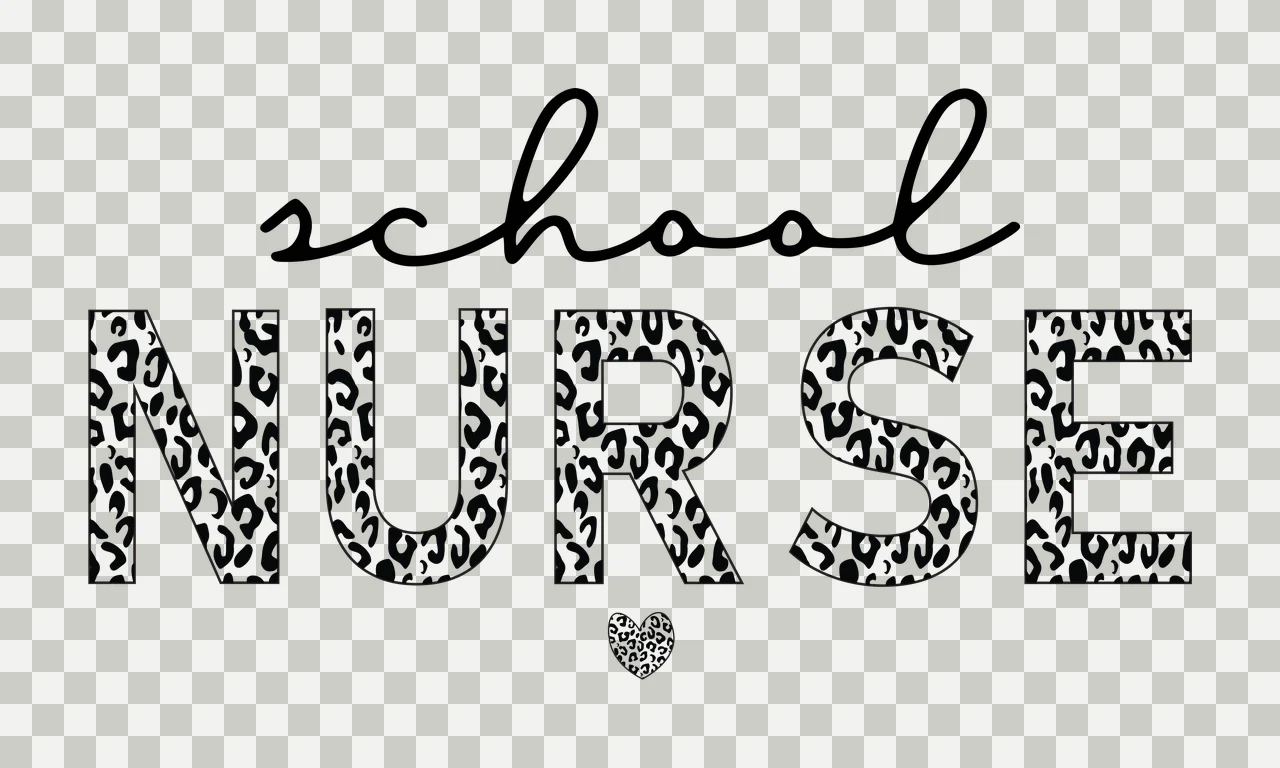 School NURSE Typography Design with cursive school text, leopard print NURSE lettering and small leopard pattern heart in black and white transparency and detail preview thumbnail