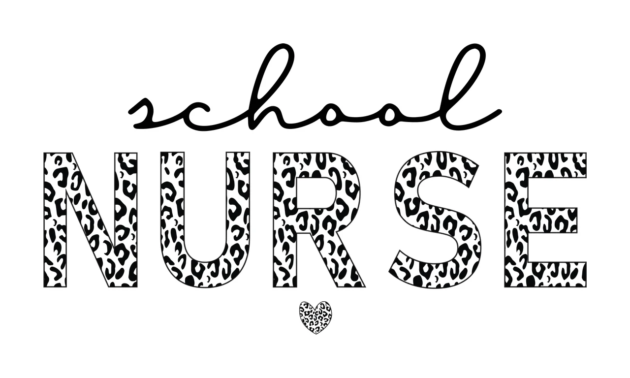 School NURSE Typography Design with cursive school text, leopard print NURSE lettering and small leopard pattern heart in black and white