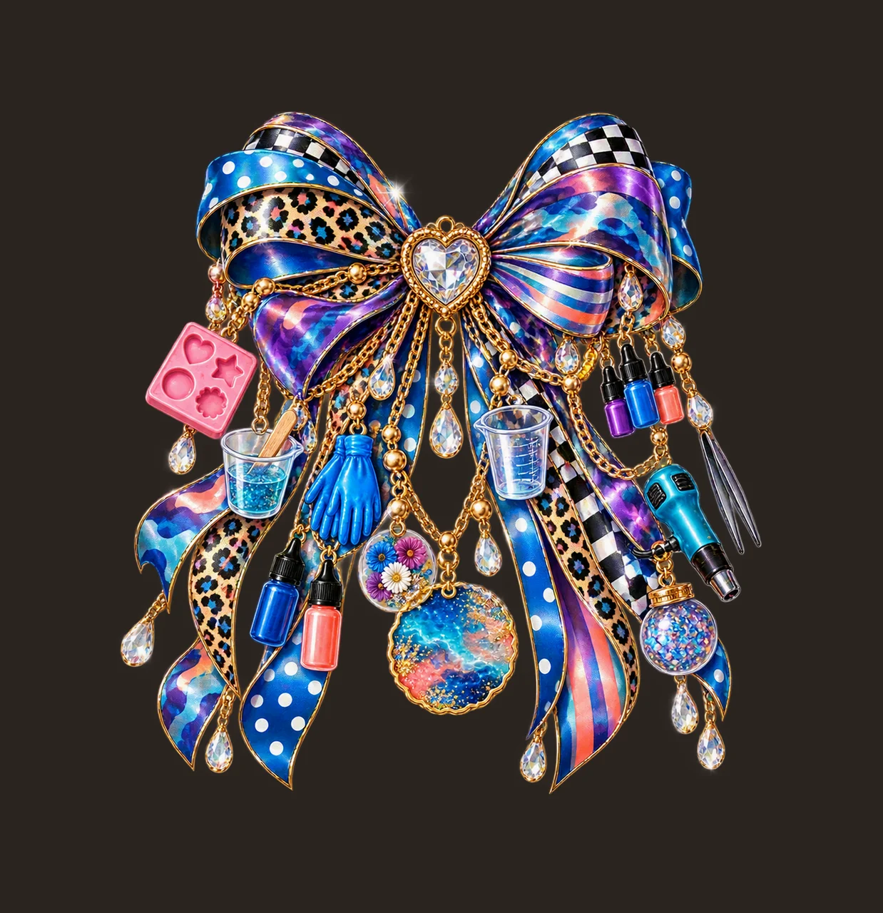 Resin Artist Bow Charm PNG, Themed Gold Chain Charms, Coquette Ribbon Sublimation Design, Transparent Digital Download contrast preview thumbnail