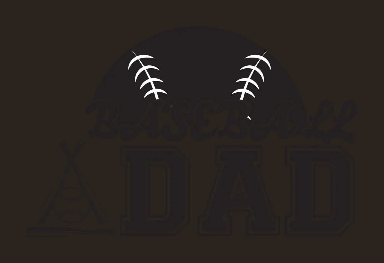 BASEBALL DAD Baseball Dad Design logo with stitched baseball, crossed bats, bat on ground and text 'BASEBALL' in cursive in black and white contrast preview thumbnail