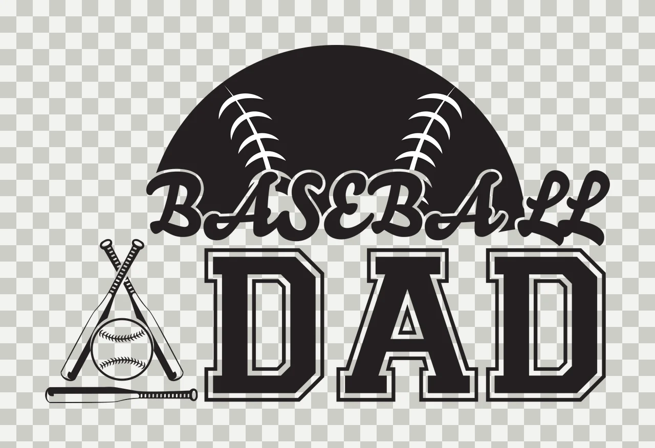 BASEBALL DAD Baseball Dad Design logo with stitched baseball, crossed bats, bat on ground and text 'BASEBALL' in cursive in black and white transparency and detail preview thumbnail