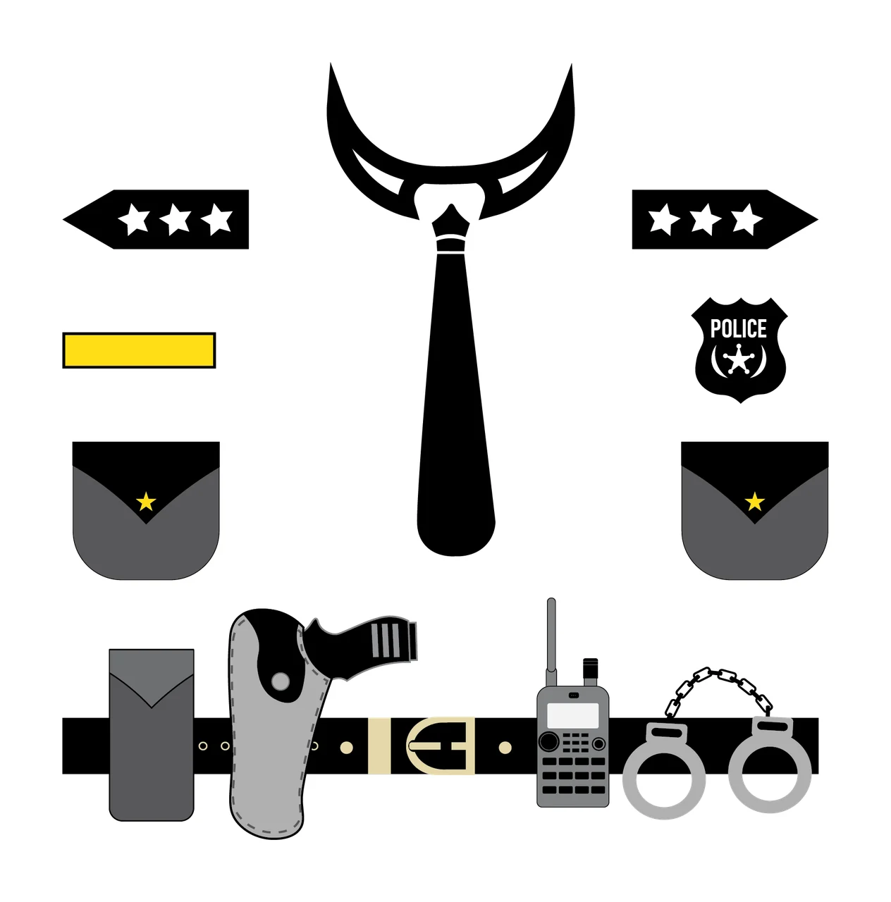 Police Duty Gear Silhouette Icon Set law enforcement equipment