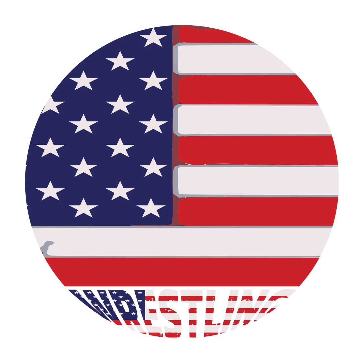 WRESTLING American flag wrestling emblem Design with five-pointed stars, red and white stripes, circular badge and distressed typography in navy blue