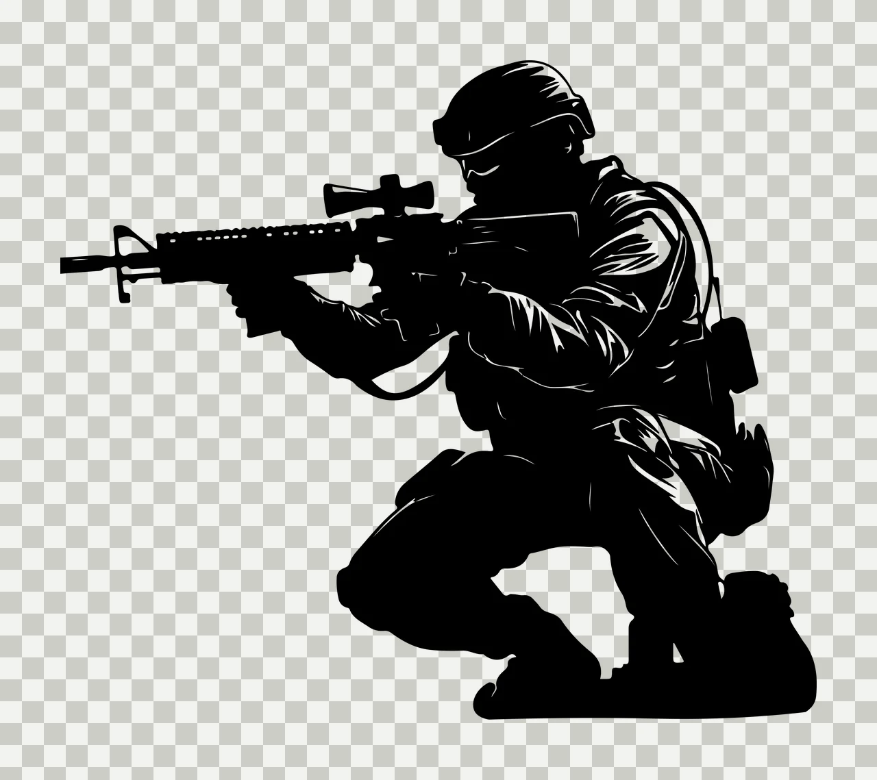 Kneeling Tactical Soldier Silhouette Graphic rifle black weapon transparency and detail preview thumbnail