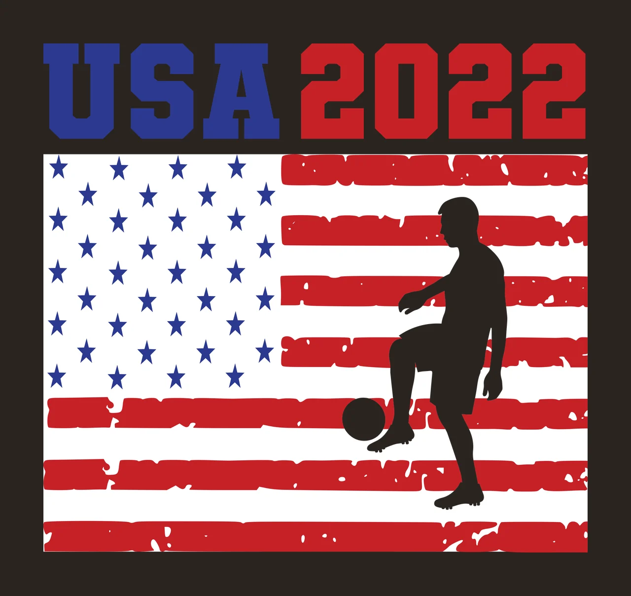 USA 2022 Typography Design with USA text, American flag stars, distressed red stripes and soccer player silhouette in blue and white contrast preview thumbnail