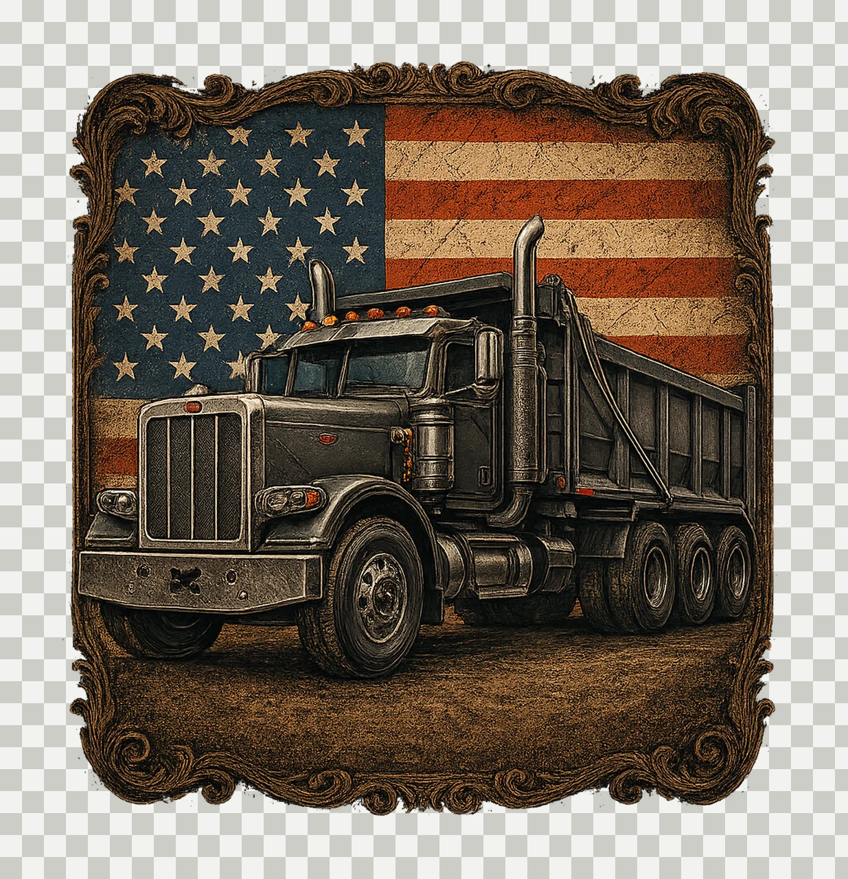 American Flag With Dump Truck Patriotic Construction Art transparency and detail preview thumbnail