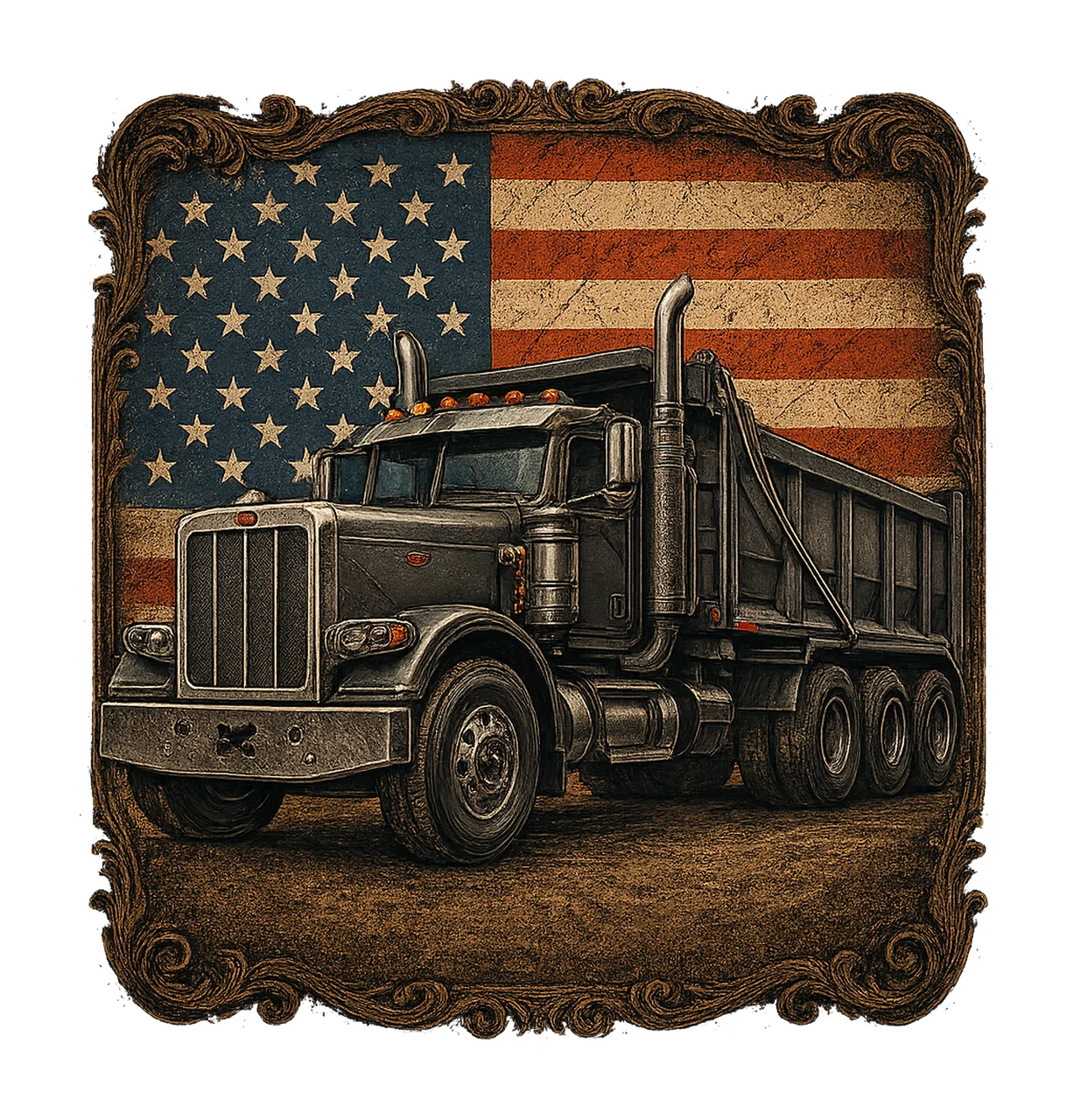 American Flag With Dump Truck Patriotic Construction Art