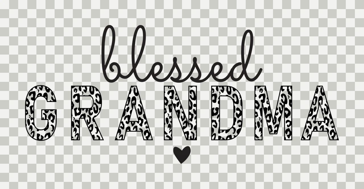 Blessed GRANDMA Typography Design with cursive script text, leopard print block lettering and heart icon in black and white transparency and detail preview thumbnail