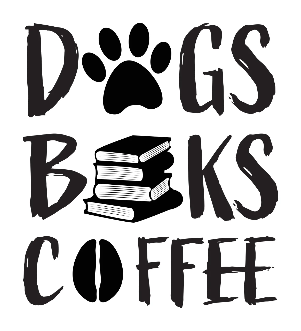 DOGS BOOKS COFFEE Typography Design with black paw print, stack of three books, coffee bean shape and text 'DOGS' 'BOOKS' 'COFFEE' in white