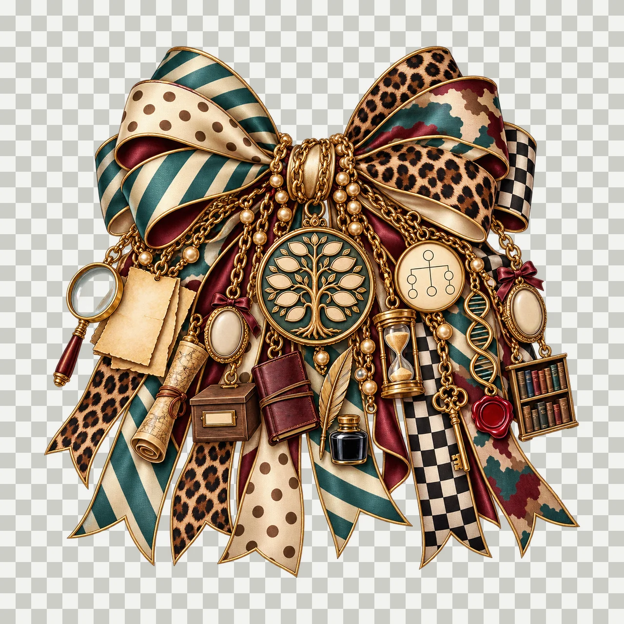 Genealogy Researcher Bow Charm PNG, Themed Gold Chain Charms, Coquette Ribbon Sublimation Design, Transparent Digital Download transparency and detail preview thumbnail