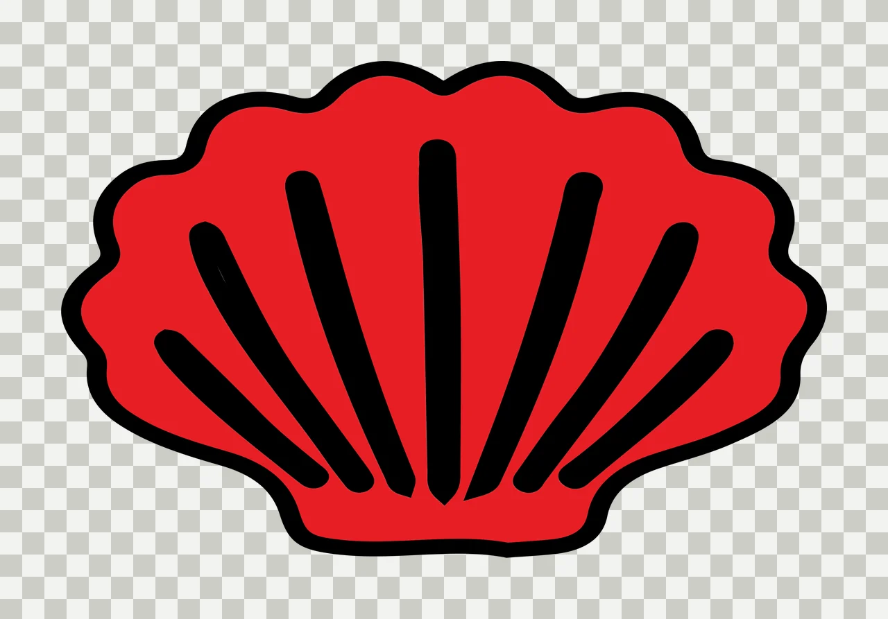 Seashell Illustration with scallop shell, black outline and radiating lines in red and white transparency and detail preview thumbnail