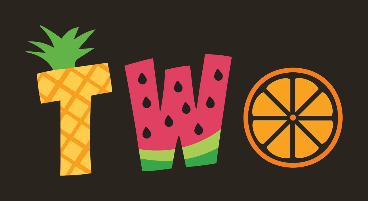 TWO Fruit typography spelling TWO with pineapple letter T, watermelon letter W, orange slice letter O and green pineapple leaves in yellow and pink contrast preview thumbnail