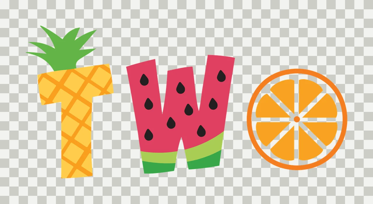 TWO Fruit typography spelling TWO with pineapple letter T, watermelon letter W, orange slice letter O and green pineapple leaves in yellow and pink transparency and detail preview thumbnail