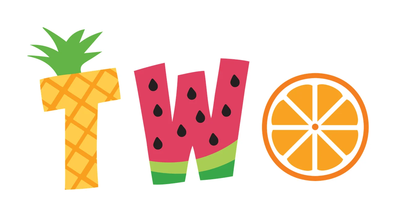 TWO Fruit typography spelling TWO with pineapple letter T, watermelon letter W, orange slice letter O and green pineapple leaves in yellow and pink