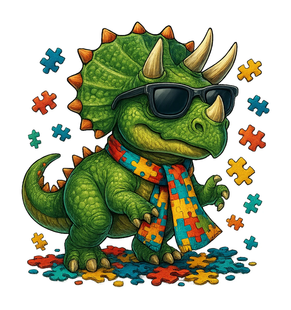 Blue Autism Rex Sublimation Design Colorful Dino Puzzle