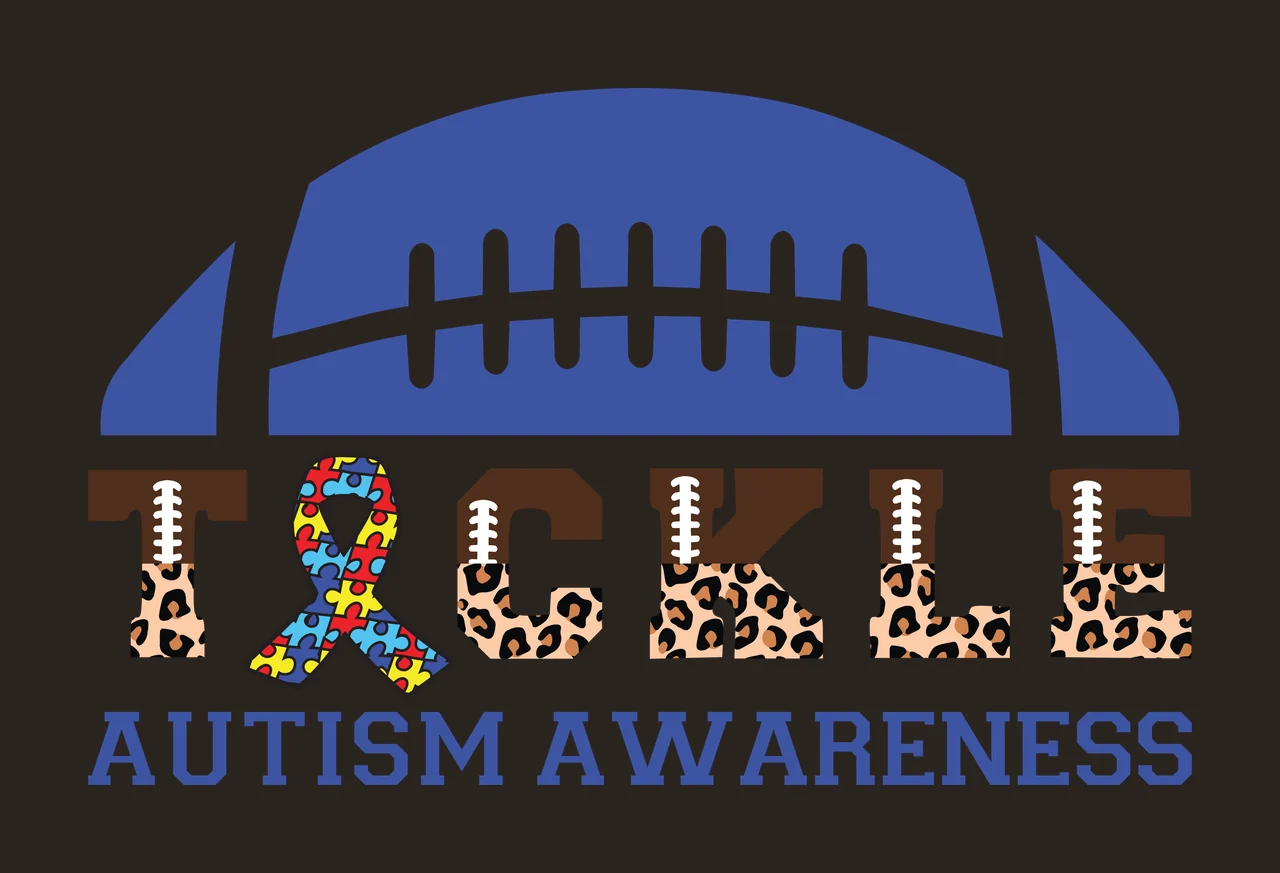 TACKLE AUTISM AWARENESS Football-themed autism awareness Design with blue football, white laces, puzzle ribbon and leopard print letters in brown contrast preview thumbnail