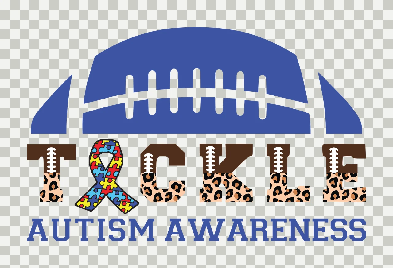 TACKLE AUTISM AWARENESS Football-themed autism awareness Design with blue football, white laces, puzzle ribbon and leopard print letters in brown transparency and detail preview thumbnail