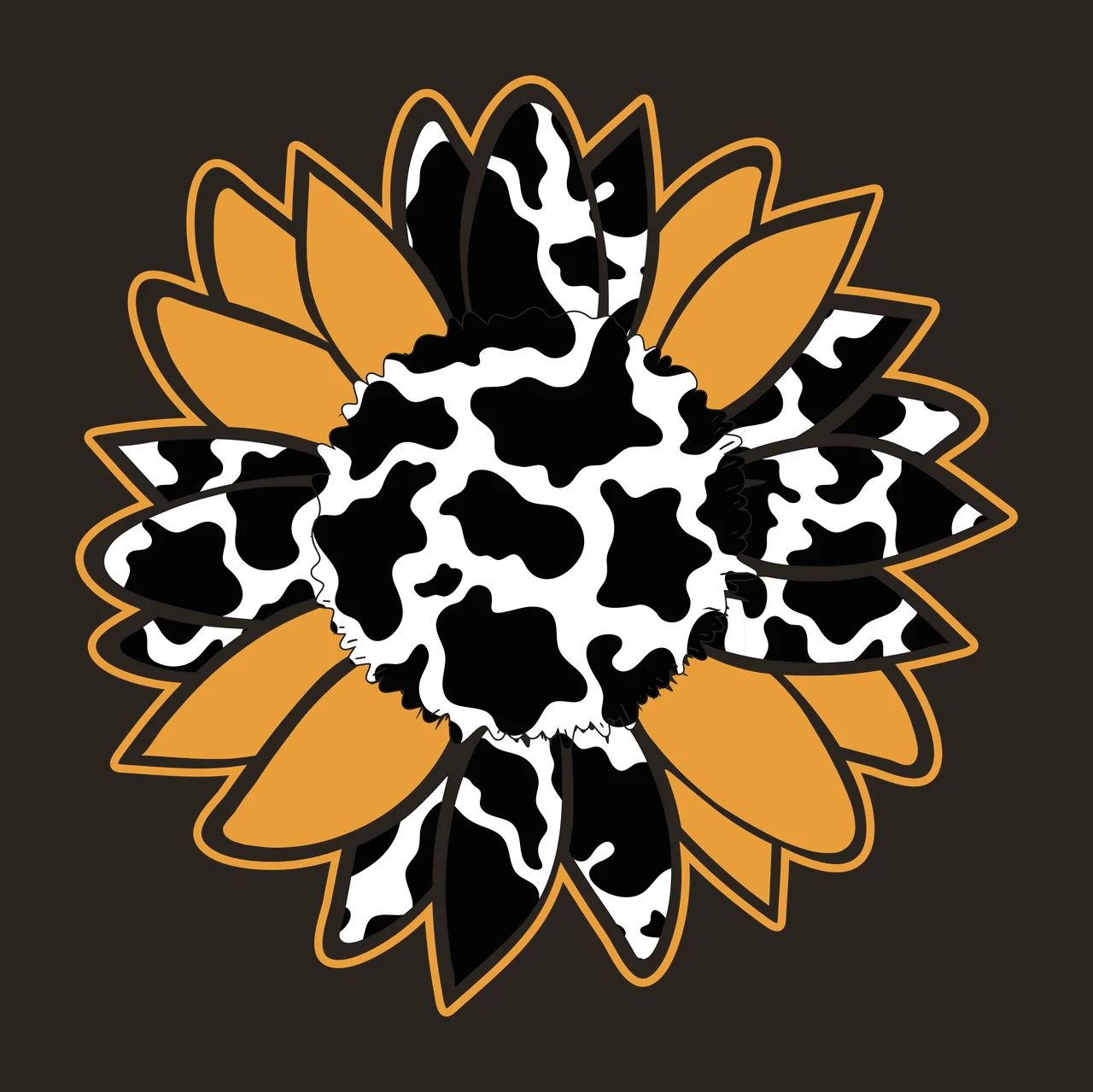 Sunflower Illustration with cow print pattern, sunflower center, petals and outline in black, white and orange contrast preview thumbnail