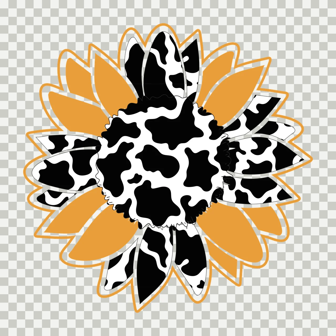 Sunflower Illustration with cow print pattern, sunflower center, petals and outline in black, white and orange transparency and detail preview thumbnail
