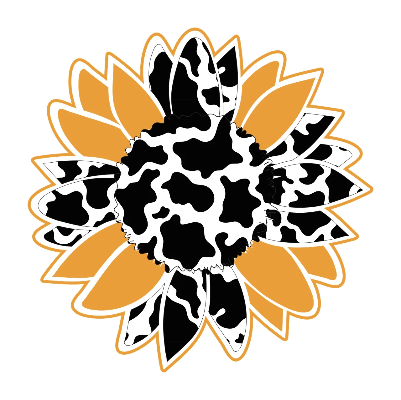 Sunflower Illustration with cow print pattern, sunflower center, petals and outline in black, white and orange
