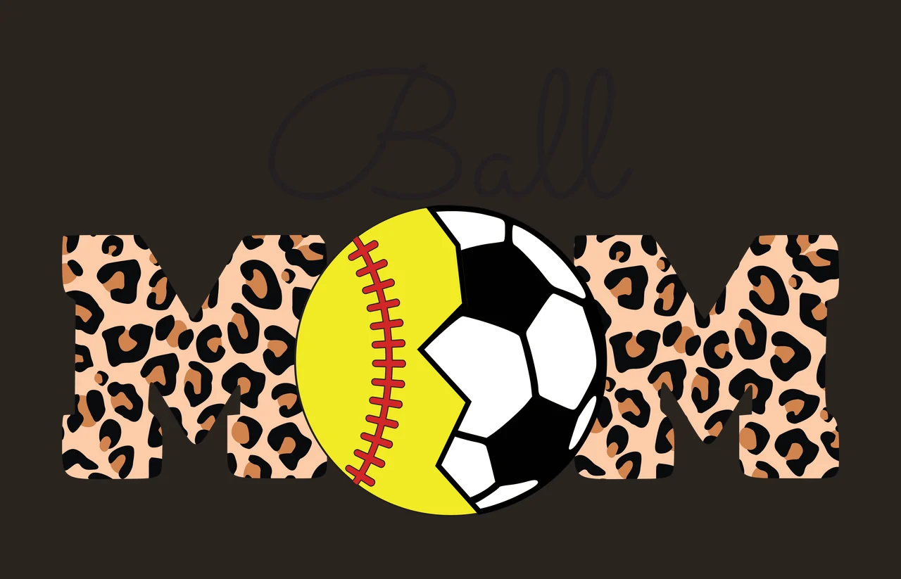Ball MOM Typography Design with leopard-print 'M' letter, yellow softball with red stitching, black-and-white soccer ball and cursive 'Ball' text in beige and brown contrast preview thumbnail