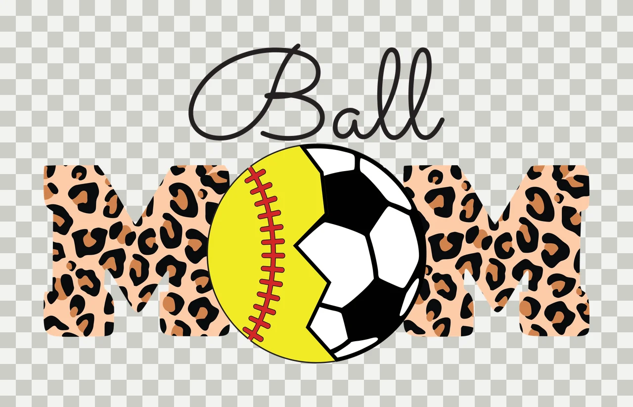 Ball MOM Typography Design with leopard-print 'M' letter, yellow softball with red stitching, black-and-white soccer ball and cursive 'Ball' text in beige and brown transparency and detail preview thumbnail
