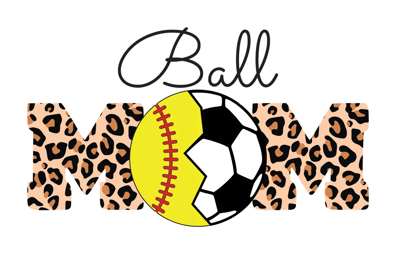 Ball MOM Typography Design with leopard-print 'M' letter, yellow softball with red stitching, black-and-white soccer ball and cursive 'Ball' text in beige and brown