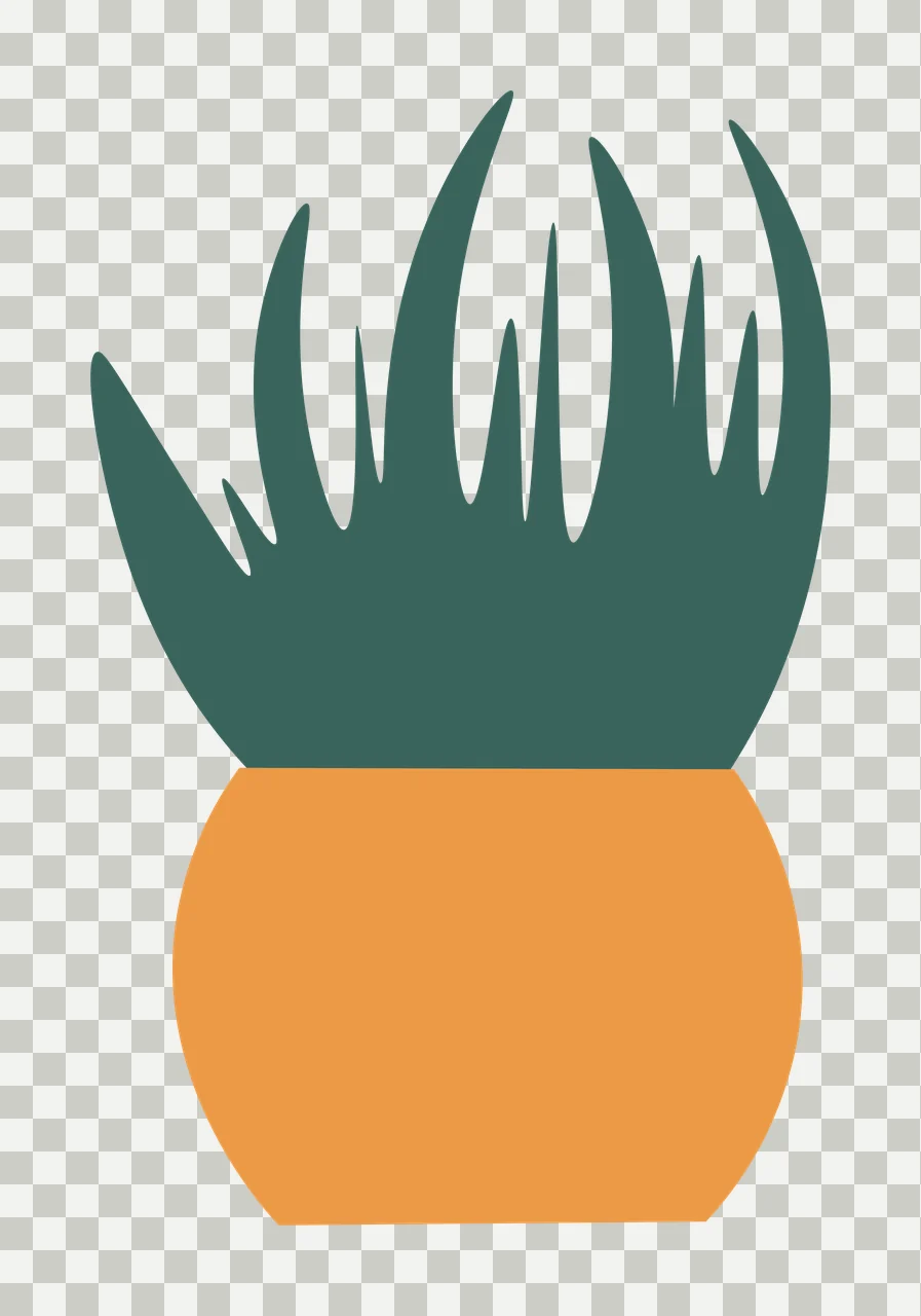 Potted houseplant Illustration with spiky leaves, round pot, foliage and flat base in dark green, orange and white transparency and detail preview thumbnail