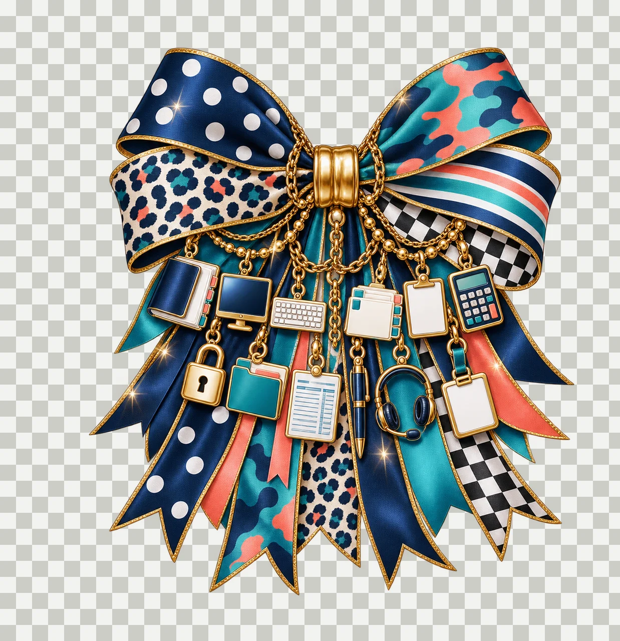 Medical Coder Bow Charm PNG, Themed Gold Chain Charms, Coquette Ribbon Sublimation Design, Transparent Digital Download transparency and detail preview thumbnail