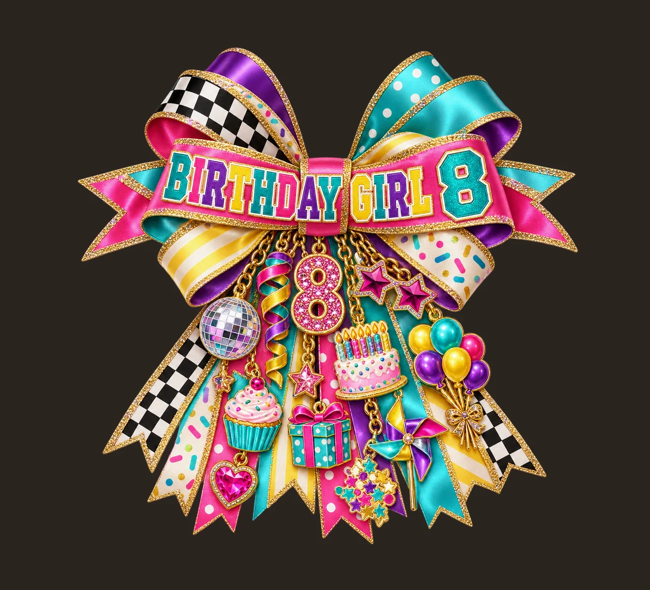 Birthday Girl 8 Bow Charm PNG, Patterned Coquette Bow Clipart, Transparent Sublimation Digital Download contrast preview thumbnail