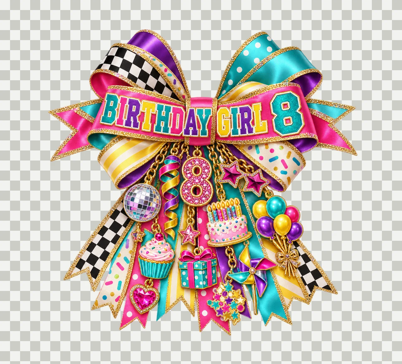 Birthday Girl 8 Bow Charm PNG, Patterned Coquette Bow Clipart, Transparent Sublimation Digital Download transparency and detail preview thumbnail