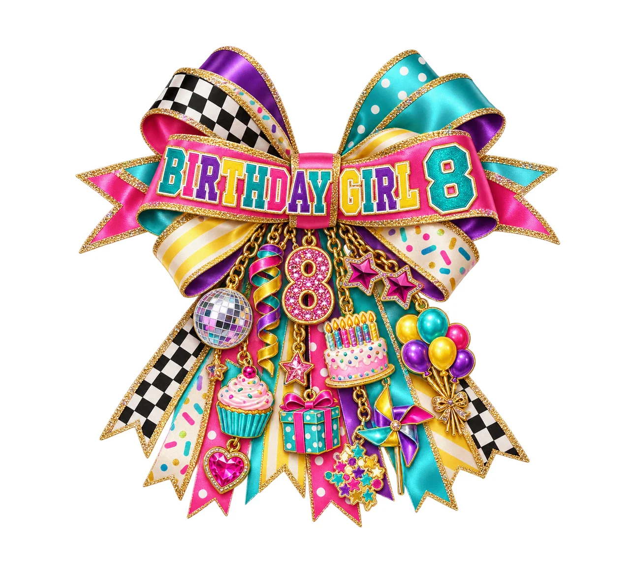 Birthday Girl 8 Bow Charm PNG, Patterned Coquette Bow Clipart, Transparent Sublimation Digital Download