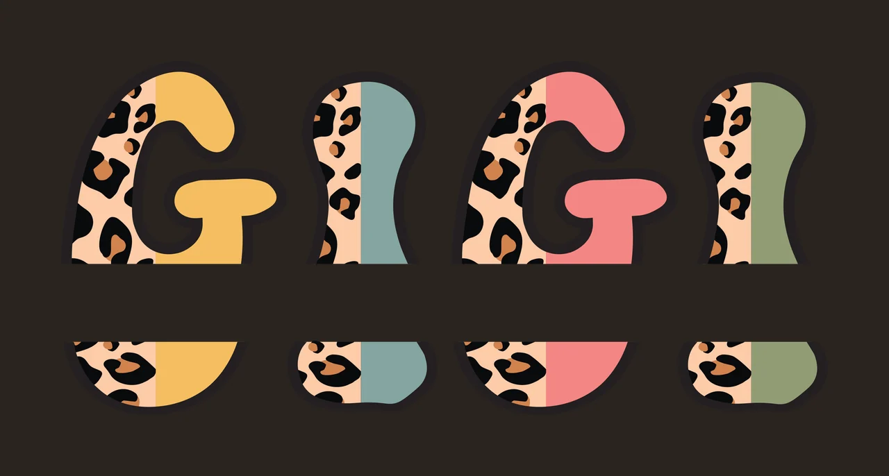 GIGI Leopard print and pastel color block letters spelling 'GIGI' Design with yellow, teal, pink and olive green contrast preview thumbnail