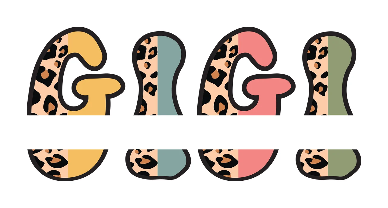 GIGI Leopard print and pastel color block letters spelling 'GIGI' Design with yellow, teal, pink and olive green