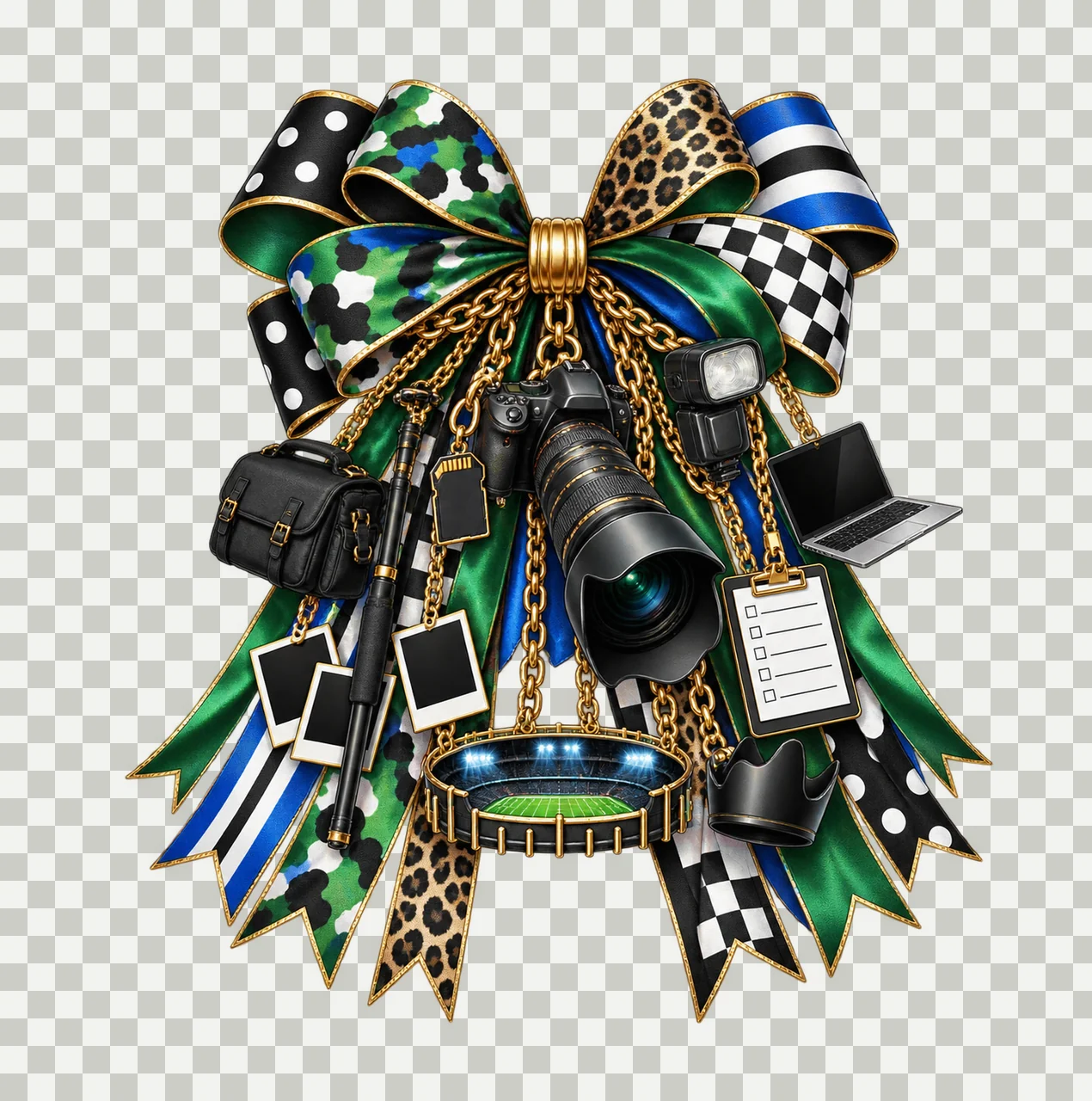 Sports Photographer Bow Charm PNG, Gold Chain Charms, Transparent Sublimation Design, Digital Download transparency and detail preview thumbnail