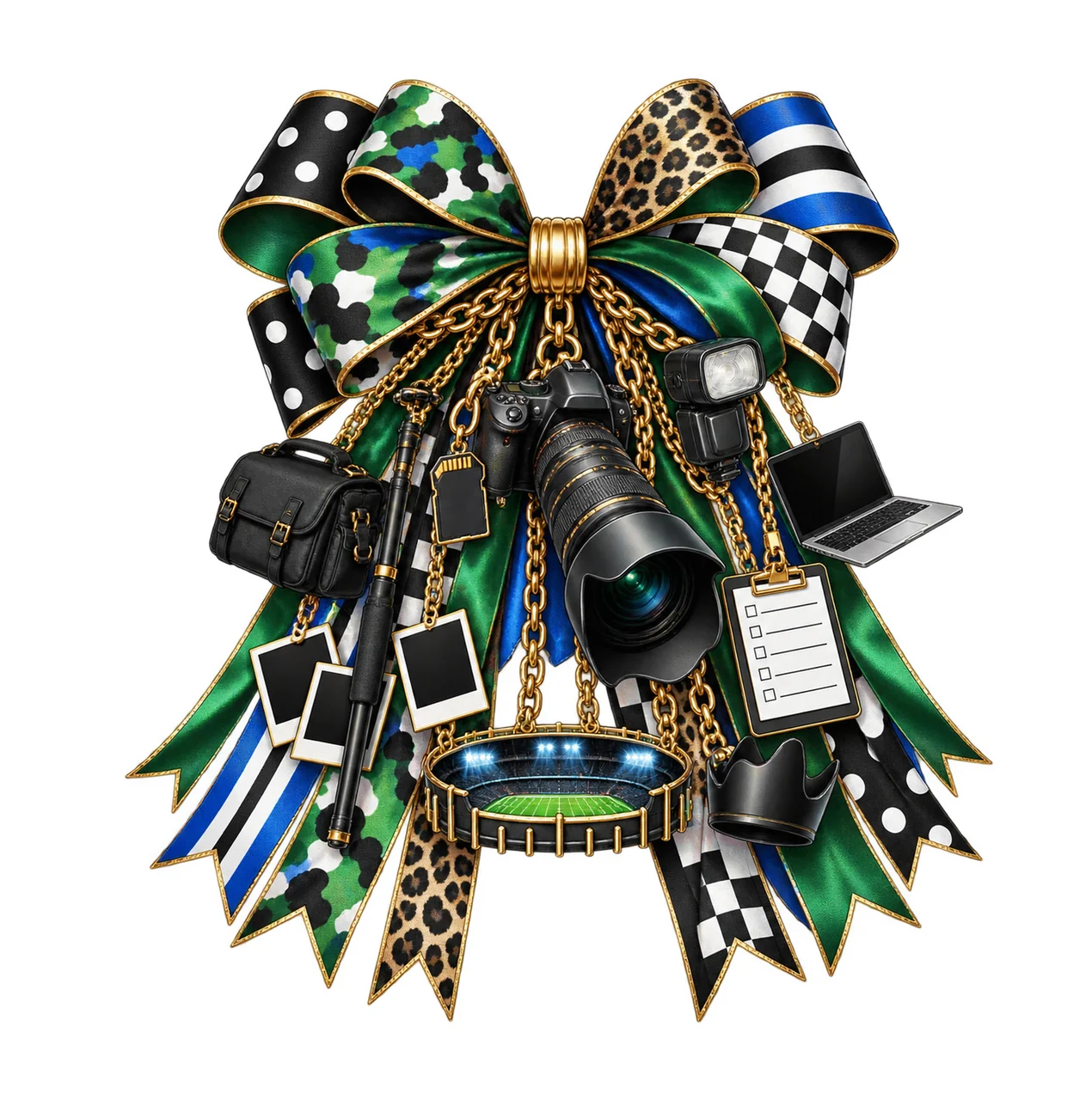 Sports Photographer Bow Charm PNG, Gold Chain Charms, Transparent Sublimation Design, Digital Download