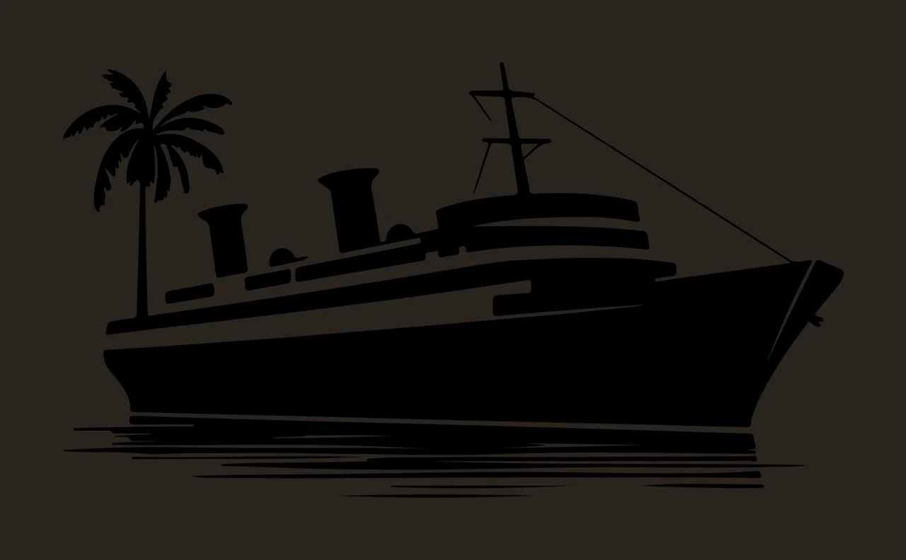 Cruise Ship And Palm Tree floating smoke stacks water silhouette contrast preview thumbnail