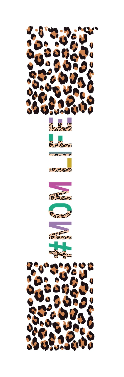 #MOM LIFE Typography Design with leopard print pattern, MOM LIFE text and multicolored letters in black, tan and purple