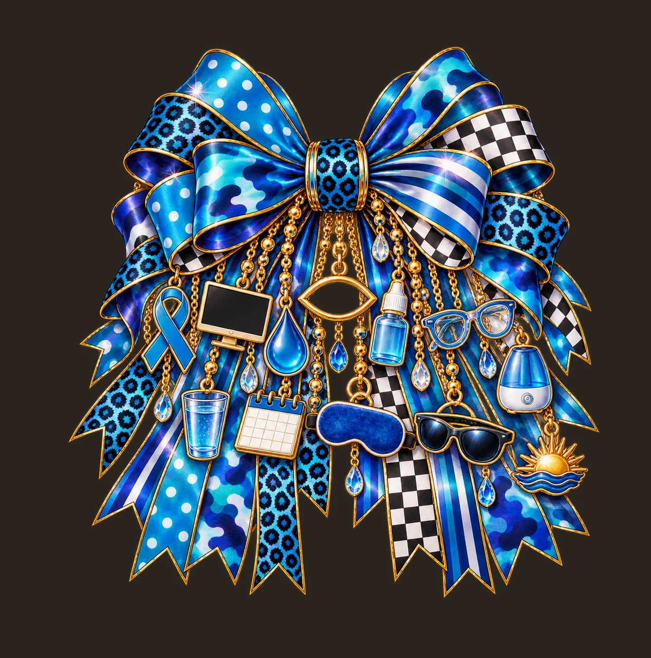 Dry Eye Awareness Bow Charm PNG, Gold Chain Charms, Transparent Sublimation Design, Digital Download contrast preview thumbnail