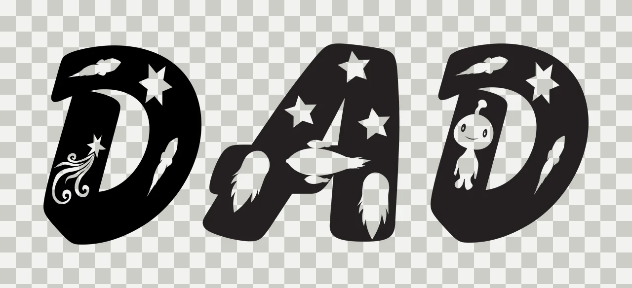 DAD DAD typography with letter D, crescent moon, stars and cartoon alien in black and white transparency and detail preview thumbnail