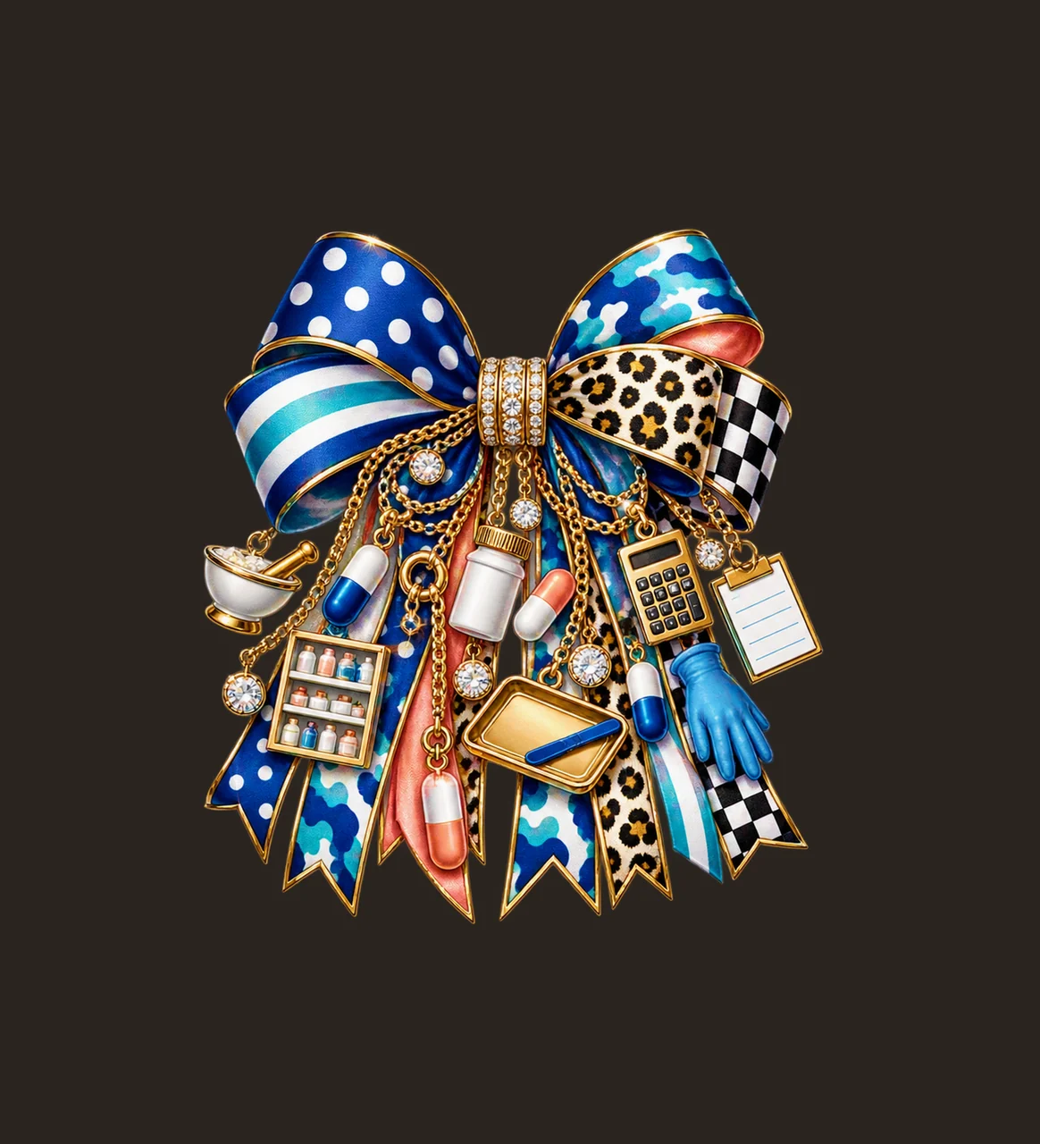 Pharmacy Technician Bow Charm PNG, Themed Gold Chain Charms, Coquette Ribbon Sublimation Design, Transparent Digital Download contrast preview thumbnail