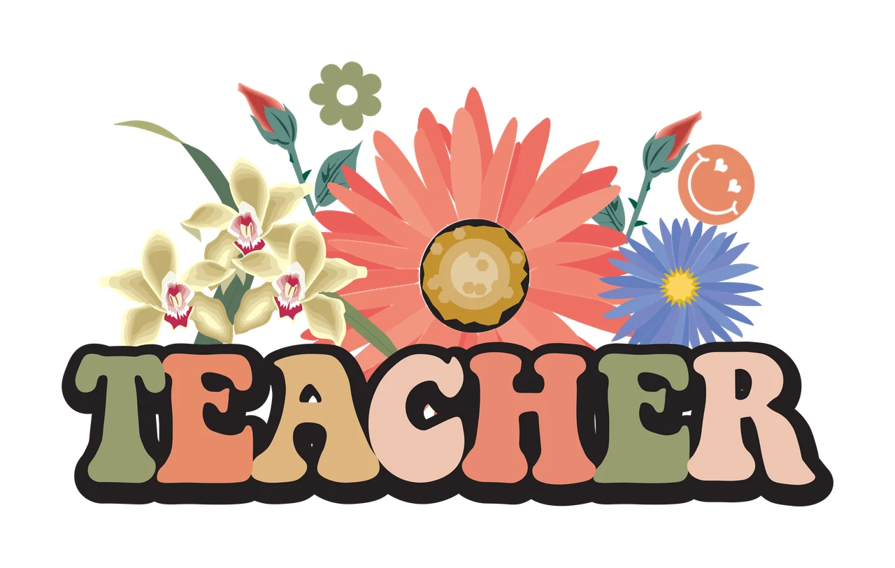 TEACHER TEACHER typography with TEACHER lettering, coral pink daisy, yellow orchids and blue aster in muted green and beige