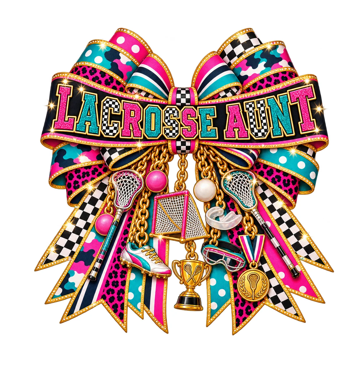 Lacrosse Aunt Bow Charm PNG, Patterned Varsity Aunt Ribbon Clipart, Transparent Sublimation Digital Download