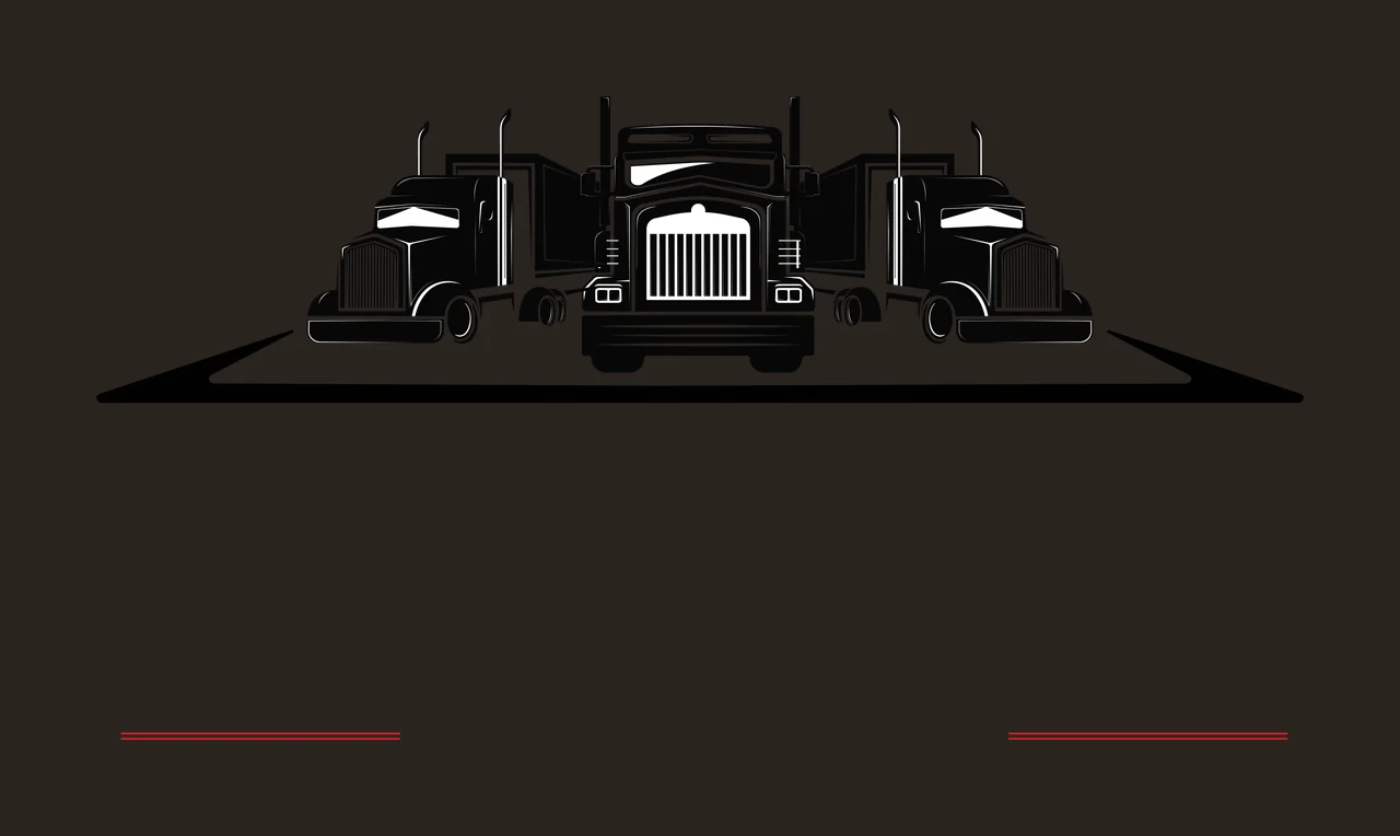 Silhouette Design of Three black semi-truck silhouettes with black road shape beneath trucks and two red horizontal lines at bottom in white contrast preview thumbnail