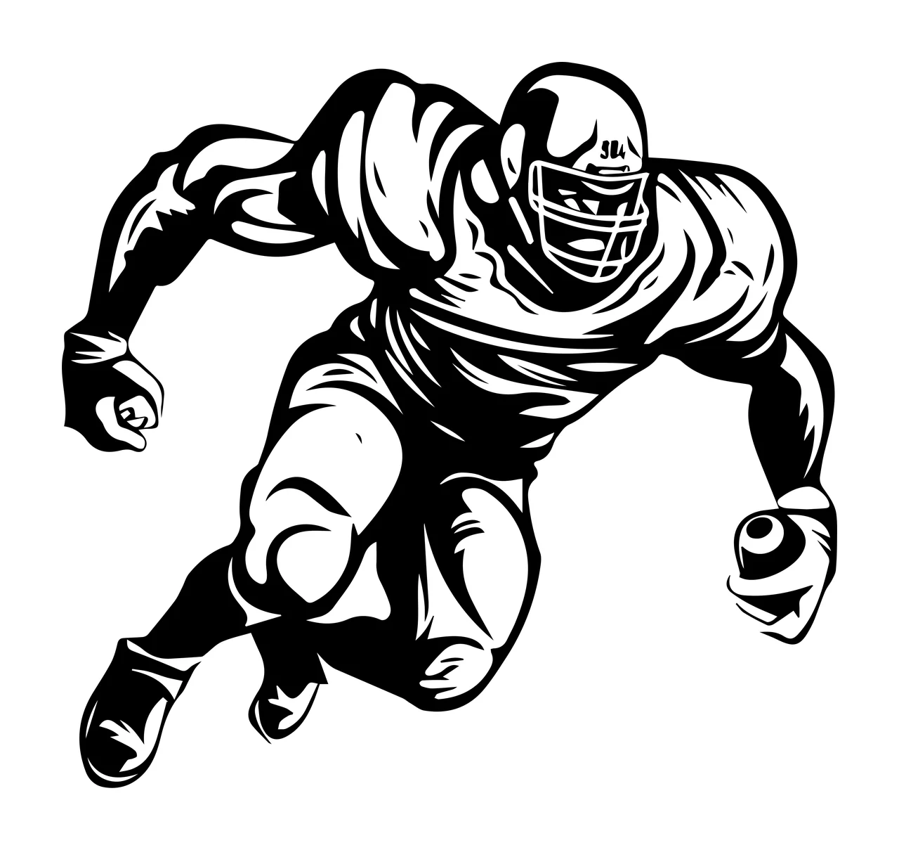 Football Player Crouching With Ball helmet line art black white